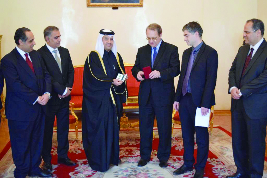 Outgoing Qatari Ambassador to Russia Saud Abdullah Zaid Al Mahmoud being awarded the Russian Foreign Ministry Badge 