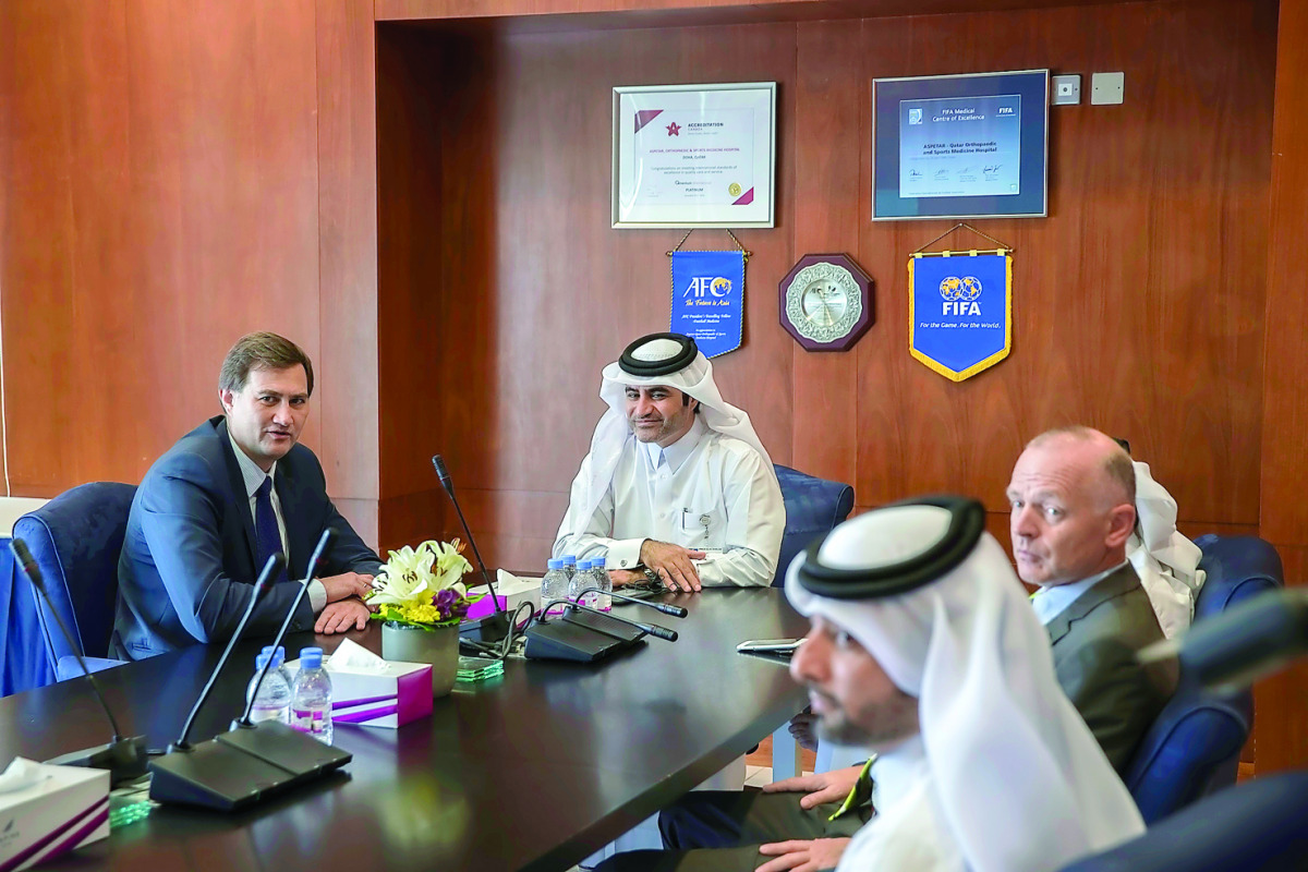 Acting Chief Administrative Officer of Aspetar, Khalid Ali Al Mawlawi and First Vice President of the National Olympic Committee of Belarus, Maksim Ryzhenkov having a discussion during the later's visit to the Aspire Zone. 