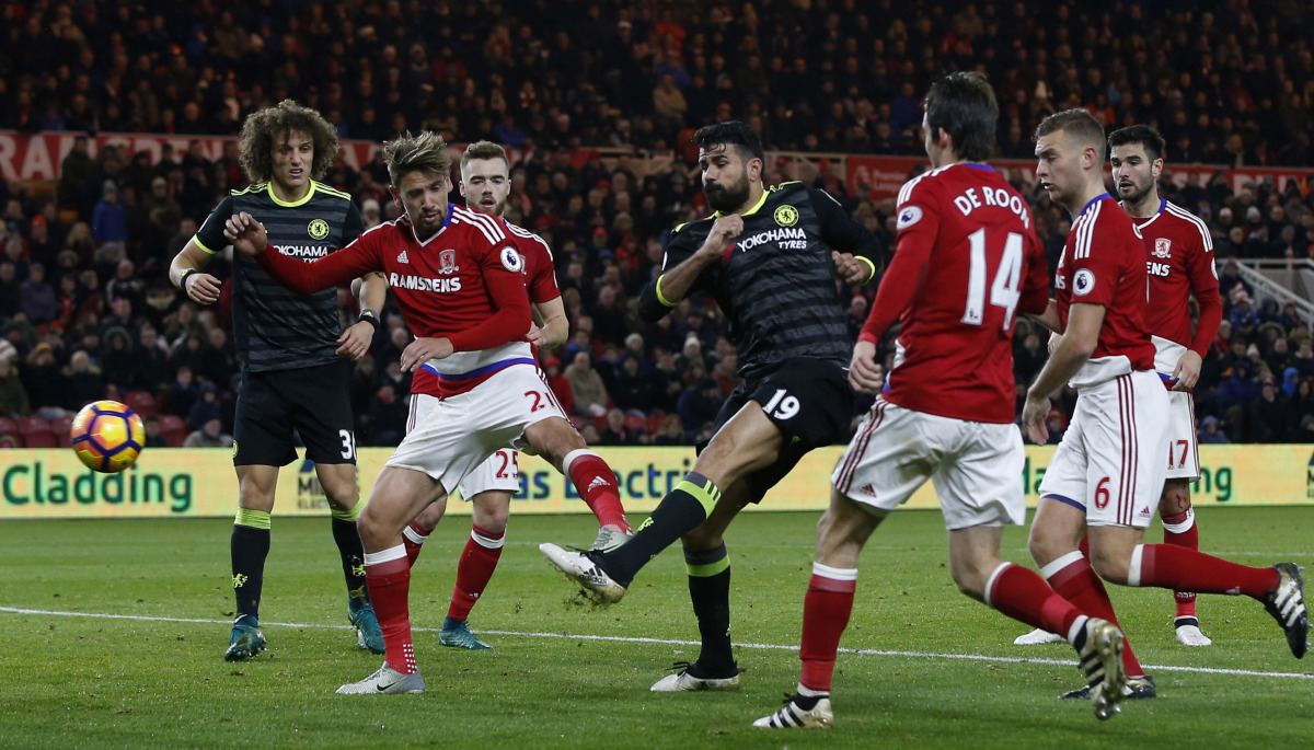 Chelsea's Diego Costa scores their first goal. (Reuters / Andrew Yates Livepic)