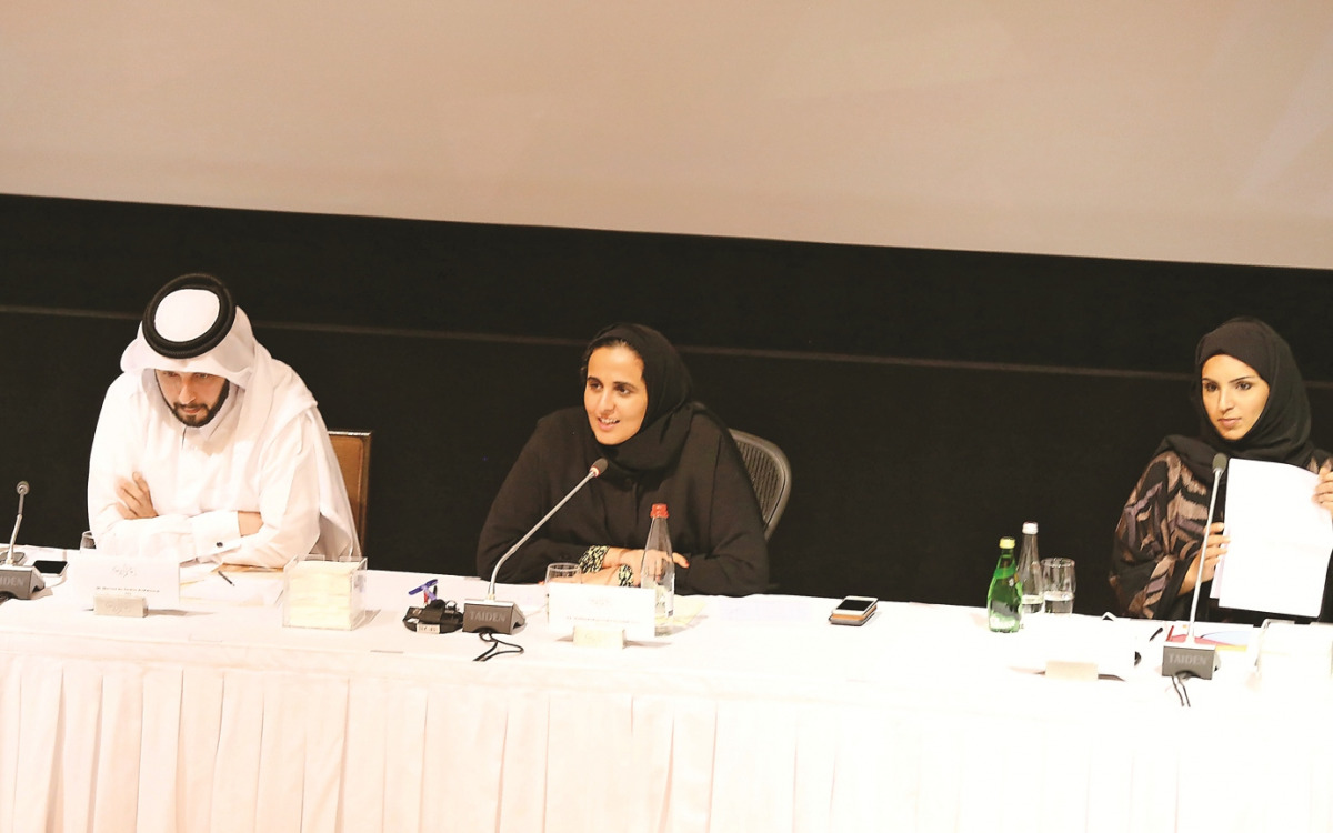 H E Sheikha Al Mayassa bint Hamad bin Khalifa Al Thani (centre), Chairperson of Qatar Museums, Mansoor bin Ebrahim Al Mahmoud, CEO of Qatar Museums and Advisor to H E the Chairperson, and Fatma Al Rumaihi, CEO of the Doha Film Institute, at the inaugural 