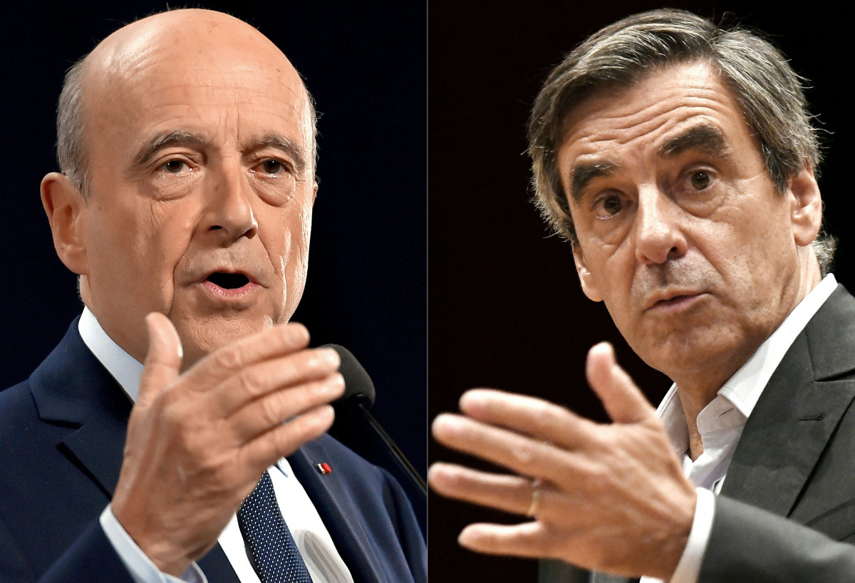  This combination of pictures created on November 21, 2016 shows Alain Juppe (L) delivering a speech during a campaign meeting on October 19, 2016 in Rennes, western France, and Francois Fillon gesturing during a campaign meeting in Pace, northwestern Fra