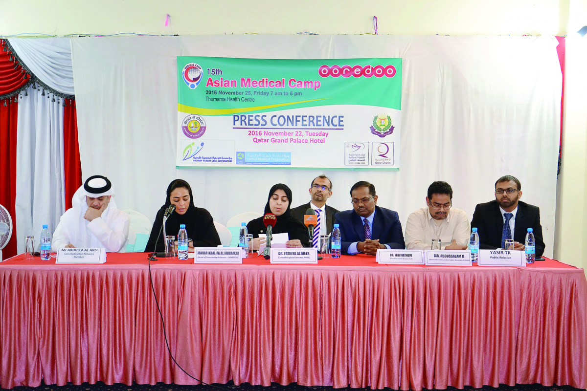 FROM LEFT: Abdulla Al Ansi of Qatar Charity, Manar Khalifa Al Muraikkhi, Community Relation Senior Manager of Ooredoo, Dr Fathhiya Al Meer, Central Regional Director of PHCC, Dr Joji Thomas, President of Indian Doctor's Club, Abdussalam K, General Secreta