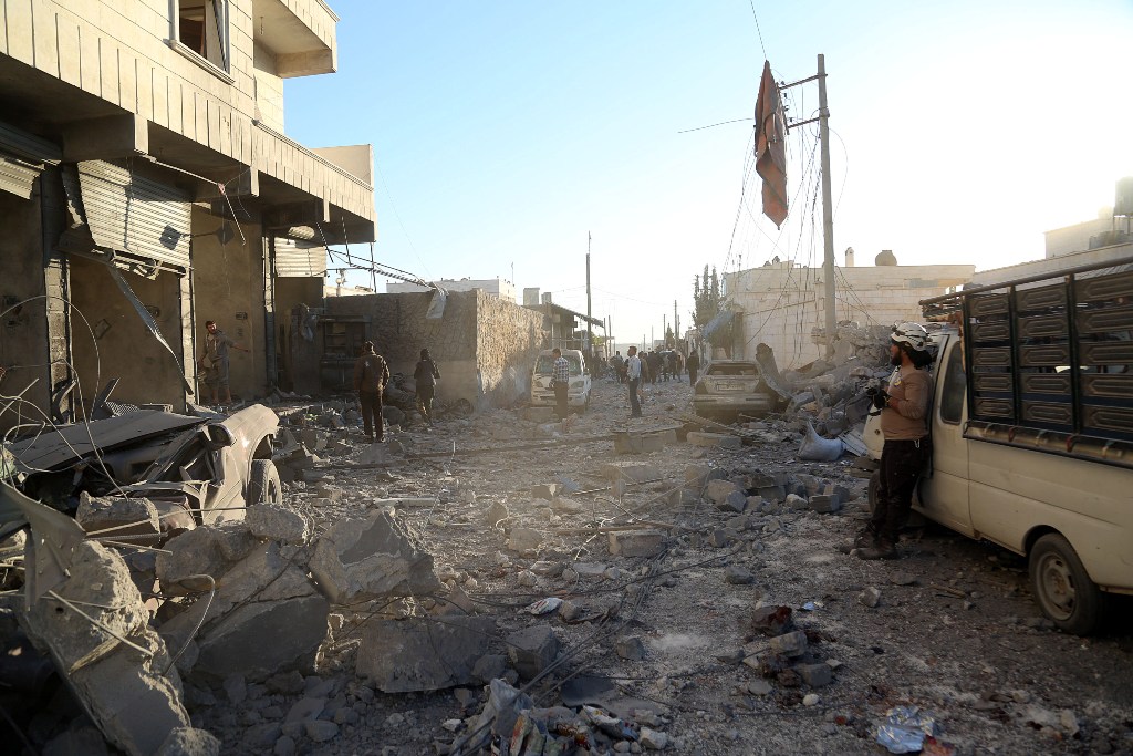 ALEPPO, SYRIA - NOVEMBER 23: Debris of the collapsed buildings are seen after the war crafts belonging to the Syrian and Russian armies carried out airstrikes on the residential areas in Kafr Naya town of Aleppo, Syria on November 23, 2016. ( Beha el-Hale