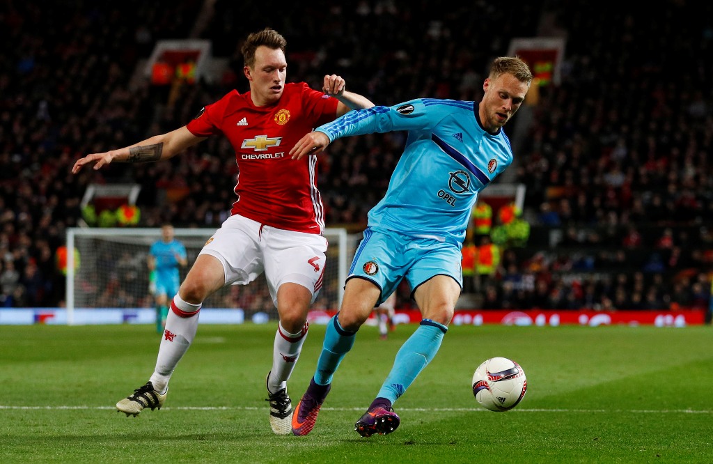 Feyenoord's Nicolai Jorgensen in action with Manchester United's Phil Jones Reuters / Phil Noble Livepic 
