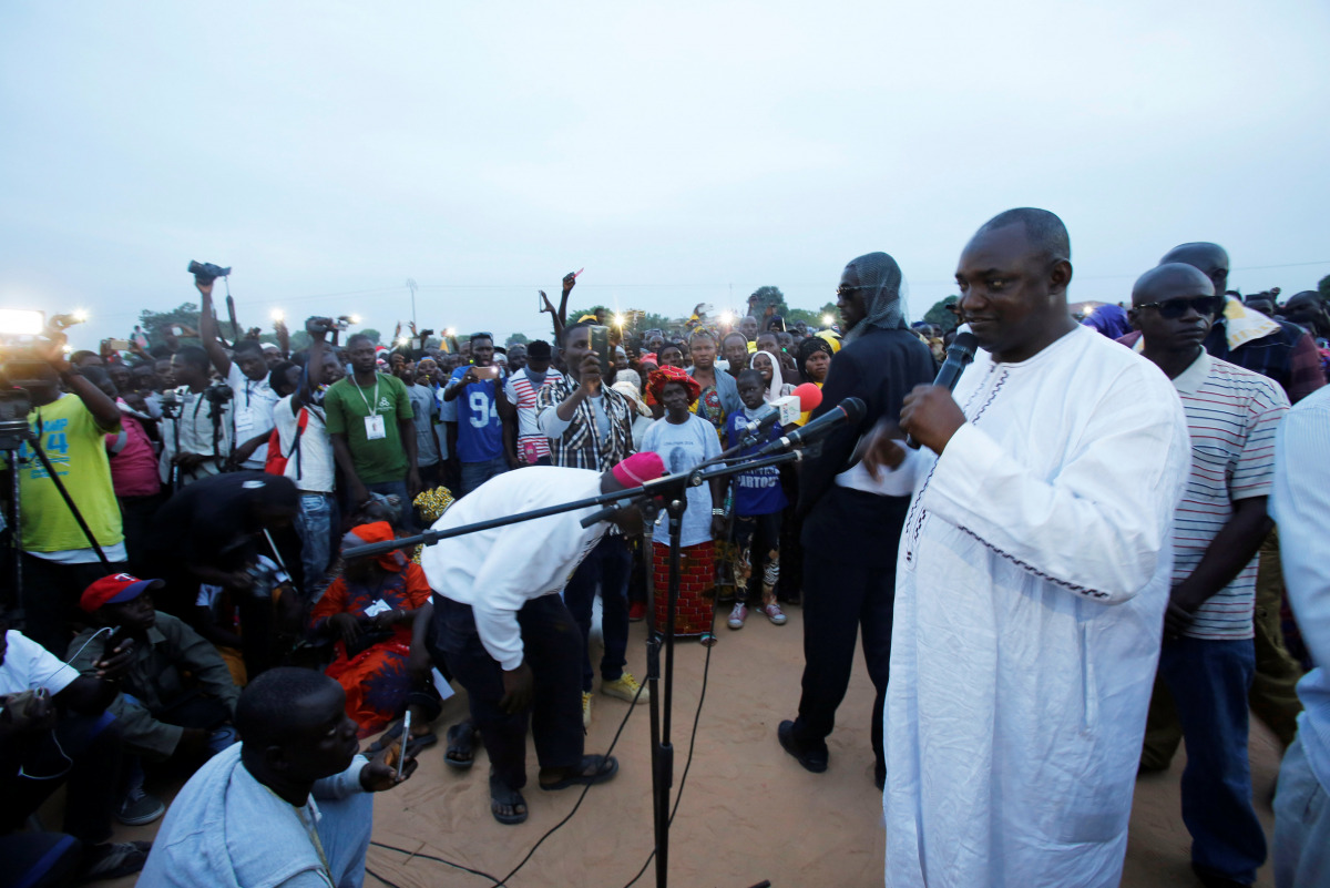 The United Democratic Party (UDP), opposition alliance presidential candidate Adama Barrow speaks during a rally in Buffer zone, Gambia November 29, 2016. REUTERS/Thierry Gouegnon