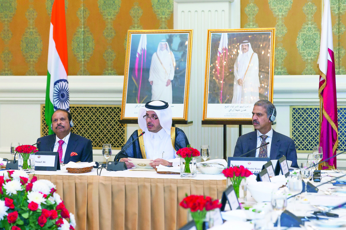 Prime Minister and Interior Minister H E Sheikh Abdullah bin Nasser bin Khalifa Al Thani addressing the businessmen in New Delhi yesterday.