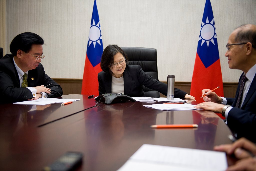 Taiwan's President Tsai Ing-wen speaks on the phone with US president-elect Donald Trump at her office in Taipei, Taiwan, in this handout photo made available December 3, 2016. Taiwan Presidential Office/Handout via REUTERS 