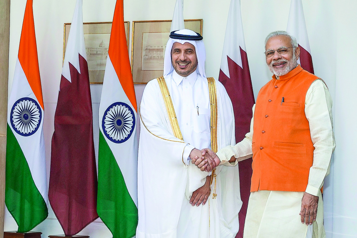 Prime Minister and Interior Minister H E Sheikh Abdullah bin Nasser bin Khalifa Al Thani and Indian Prime Minister Narendra Modi in New Delhi yesterday. 