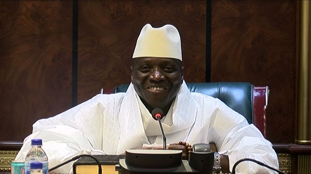 An image grab taken on December 3, 2016 from a video of the Gambia and Television Services (GRTS) broadcasted on December 2, 2016, in Banjul shows outgoing Gambian President Yahya Jammeh speaking during a press conference after being defeated during the p
