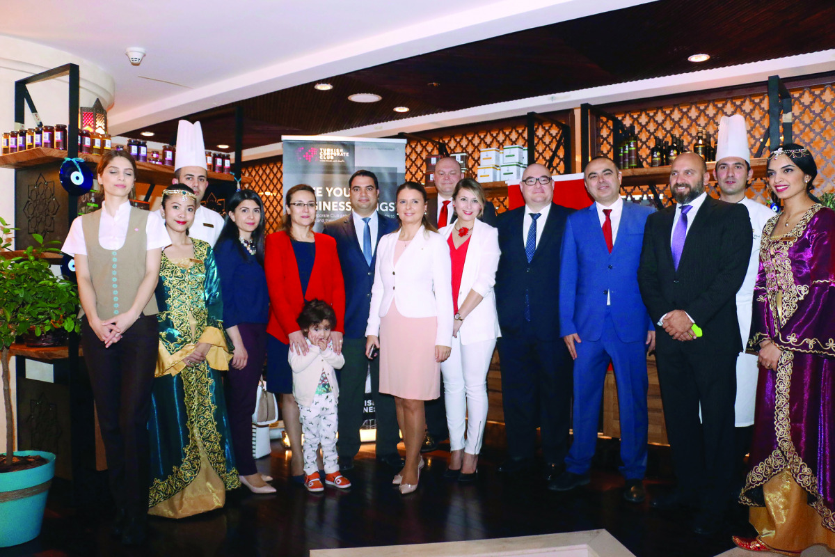 The wife of Turkish Ambassador Ahmet Demirok (fifth left) with Shangri-La Doha officials and staff at the launch of Turkish food festival at Sridan restaurant. 
Pic: Salim Matramkot/ The Peninsula