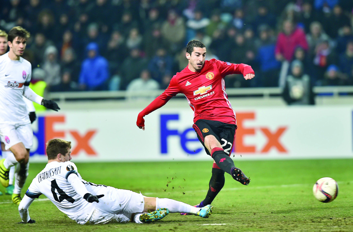 Manchester United's Henrikh Mkhitaryan kicks to score a goal against FC Zorya Luhansk during their UEFA Europa League match at the Chornomorets Stadium in Odessa, Ukraine on Thursday.