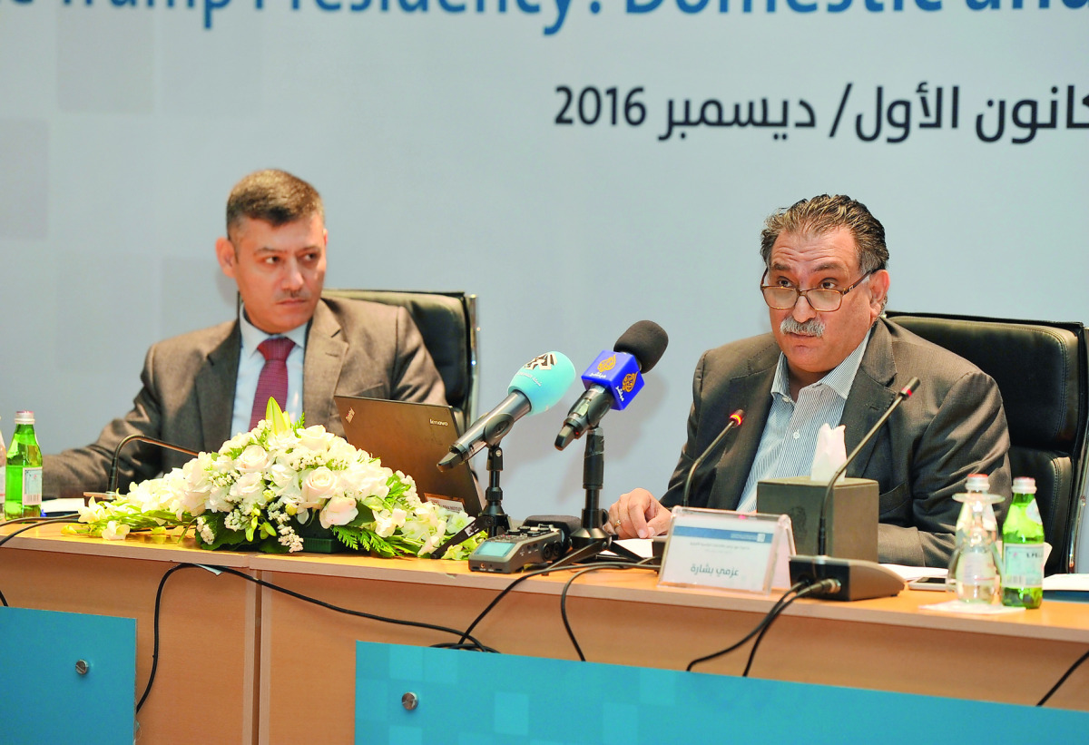 Marwan Kabalan, Associate Researcher, Policy Analysis Unit Coordinator, and Azmi Bishara, General Director of the Arab Center for Research and Policy Studies, at the opening session.