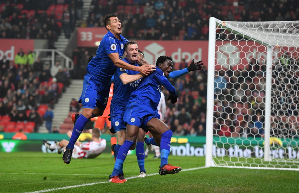 Leicester City's Daniel Amartey celebrates scoring their second goal with team mates Reuters / Anthony Devlin 