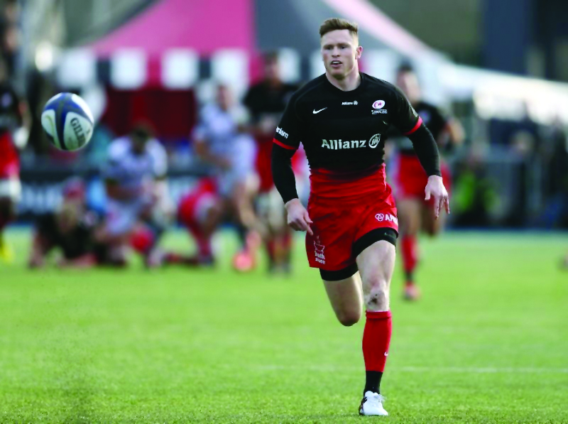 Saracens' wing Chris Ashton chases the loose ball during their English Premiership match against Newcastle at Allianz Park in London, England on Saturday.
