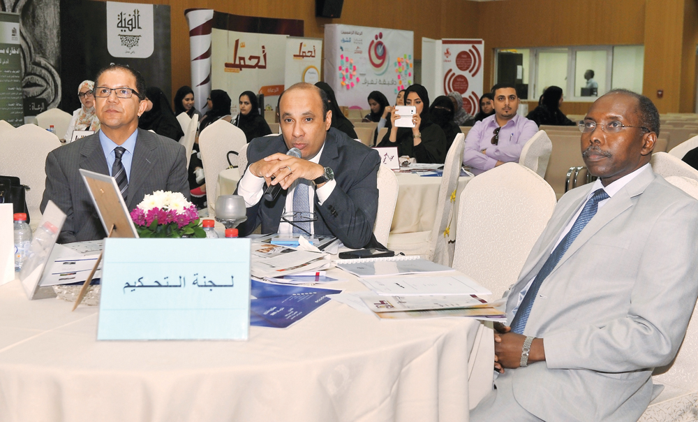 Members of the jury listening to one of the graduation projects presented by students yesterday at Ibn Khaldoon Hall in Qatar University.