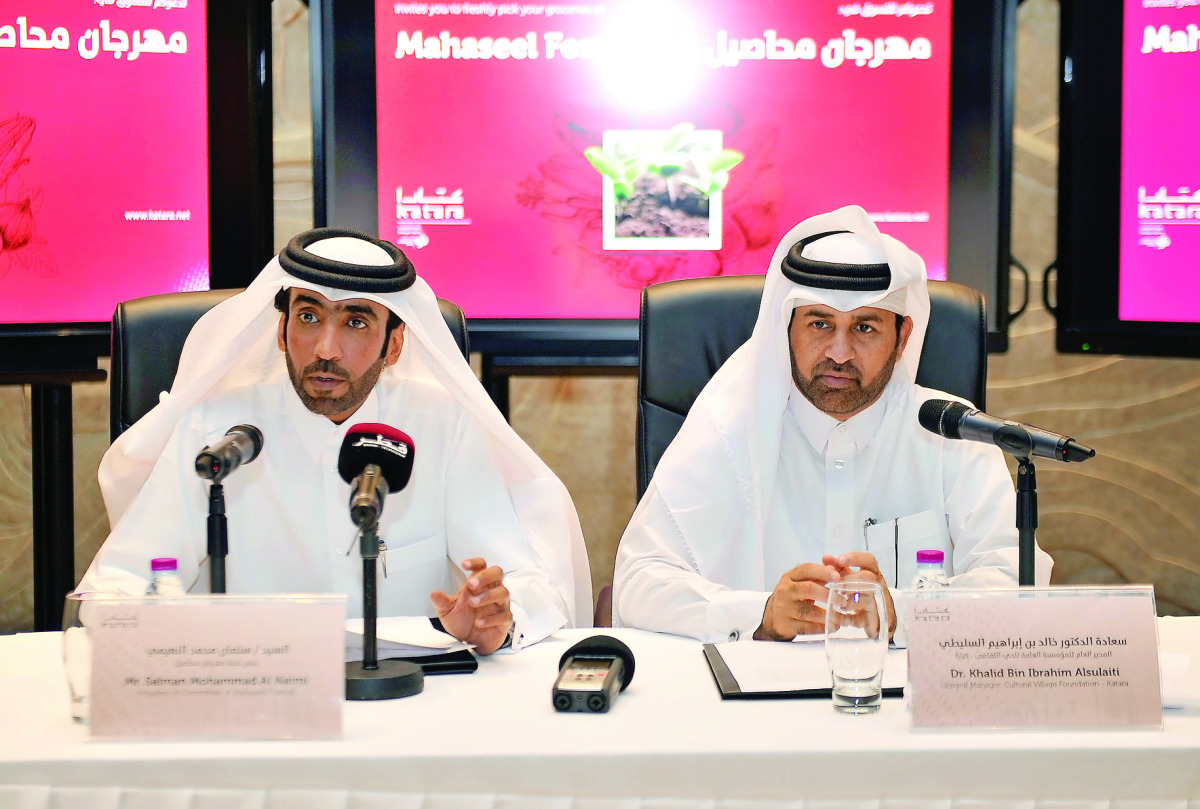 Dr Khalid bin Ibrahim Al Sulaiti, General Manager, Katara (right), with Salman Mohammad Al Naimi, President of the committee of Mahaseel festival, at a press conference at Katara yesterday. Pic: Abdul Basit / The Peninsula