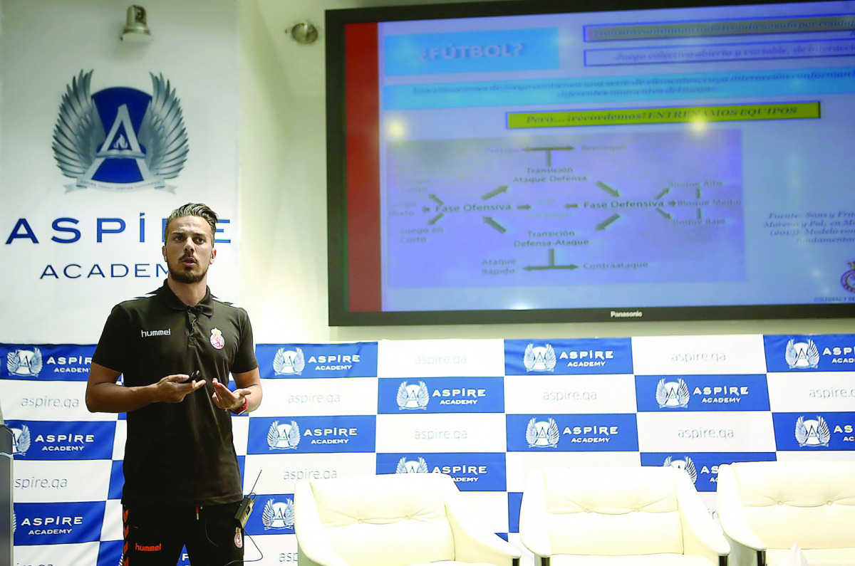 Cultural y Deportiva Leonesa’s head coach, Ruben De La Bariera delivers a lecture to coaches during a winter training camp at Aspire Academy yesterday. 