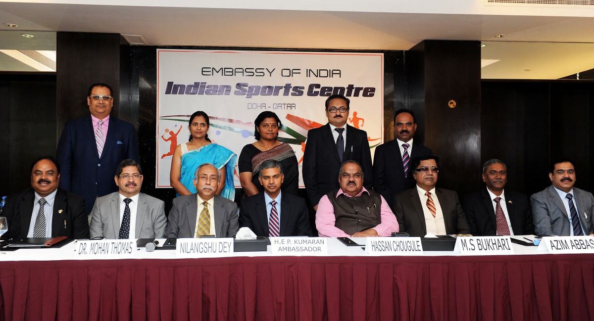 Indian Ambassador, P Kumaran (third left), addressing a press conference to announce the formation of Indian Sports Centre (ISC), in Doha yesterday. Nilangshu Dey (second left), President, ISC, and other senior officials were also present.  Pic: Salim Mat