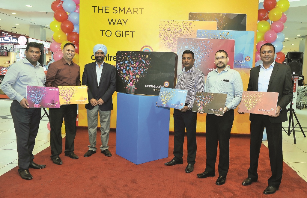 Hardeep Singh (third left), Head of Centrepoint, Rajgopal R, (right), Marketing Manager of Landmark Group, with other officials at the launch of a new Gift Card and gifting options at Centrepoint showroom in Al Asmakh Mall, yesterday. Kammutty VP/ The Pen