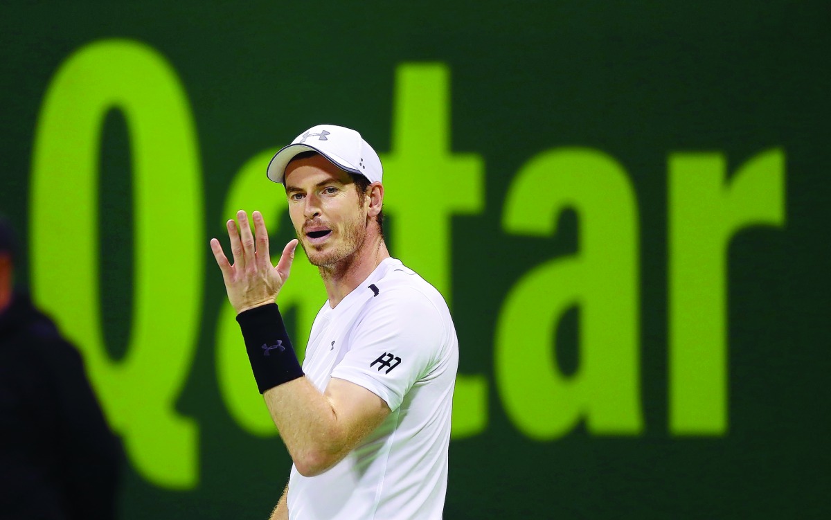 Andy Murray of Great Britain reacts during his men's singles final match against Novak Djokovic (not seen) of Serbia during Qatar ExxonMobil Open 2017 at Khalifa International Tennis and Squash Complex in Doha on Saturday. The world number one lost 6-3, 5