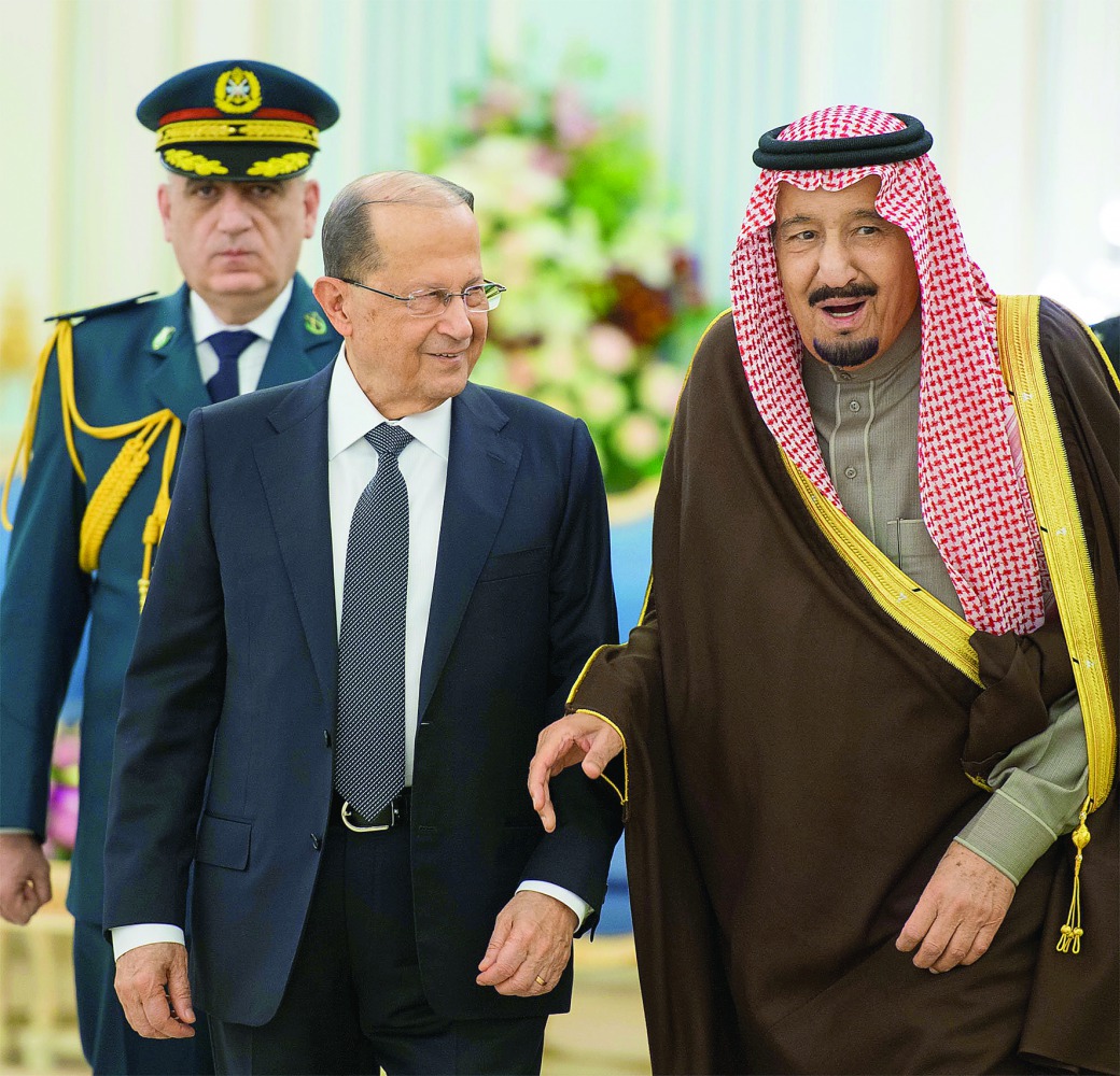 The Custodian of the Two Holy Mosques King Salman bin Abdulaziz Al Saud of Saudi Arabia with Lebanon's President Michel Aoun in Riyadh, yesterday.
