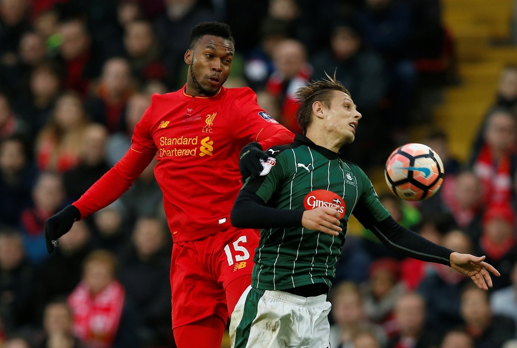 Britain Football Soccer - Liverpool v Plymouth Argyle - FA Cup Third Round - Anfield - 8/1/17 Liverpool's Daniel Sturridge in action with Plymouth Argyle's Oscar Threlkeld Reuters / Andrew Yates Livepic
