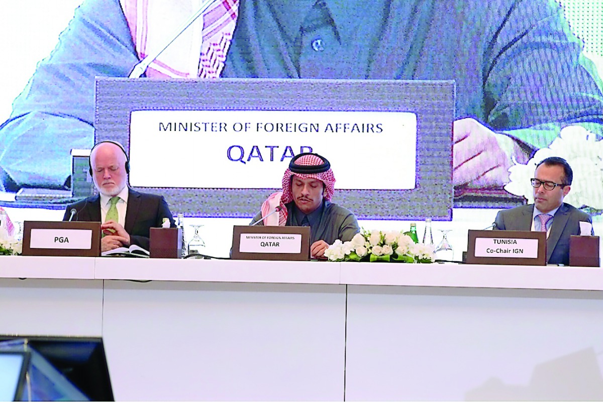 Foreign Minister H E Sheikh Mohamed bin Abdulrahman Al Thani speaking at the meeting on United Nations Security Council (UNSC) reforms in the presence of Peter Thomson (left), President of the 71st session of the United Nations General Assembly, in Doha y