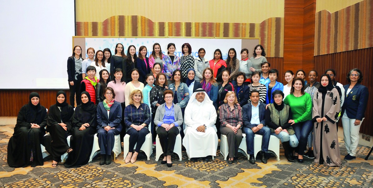 Ali Al Hitmi, President of Qatar Gymnastics Federation (centre)  poses for a photograph with the participants of the FIG International Judges Course and FIG officials in Doha yesterday. The two-day course saw 45 judges from Jordan, Egypt, Syria, Tunisia, 