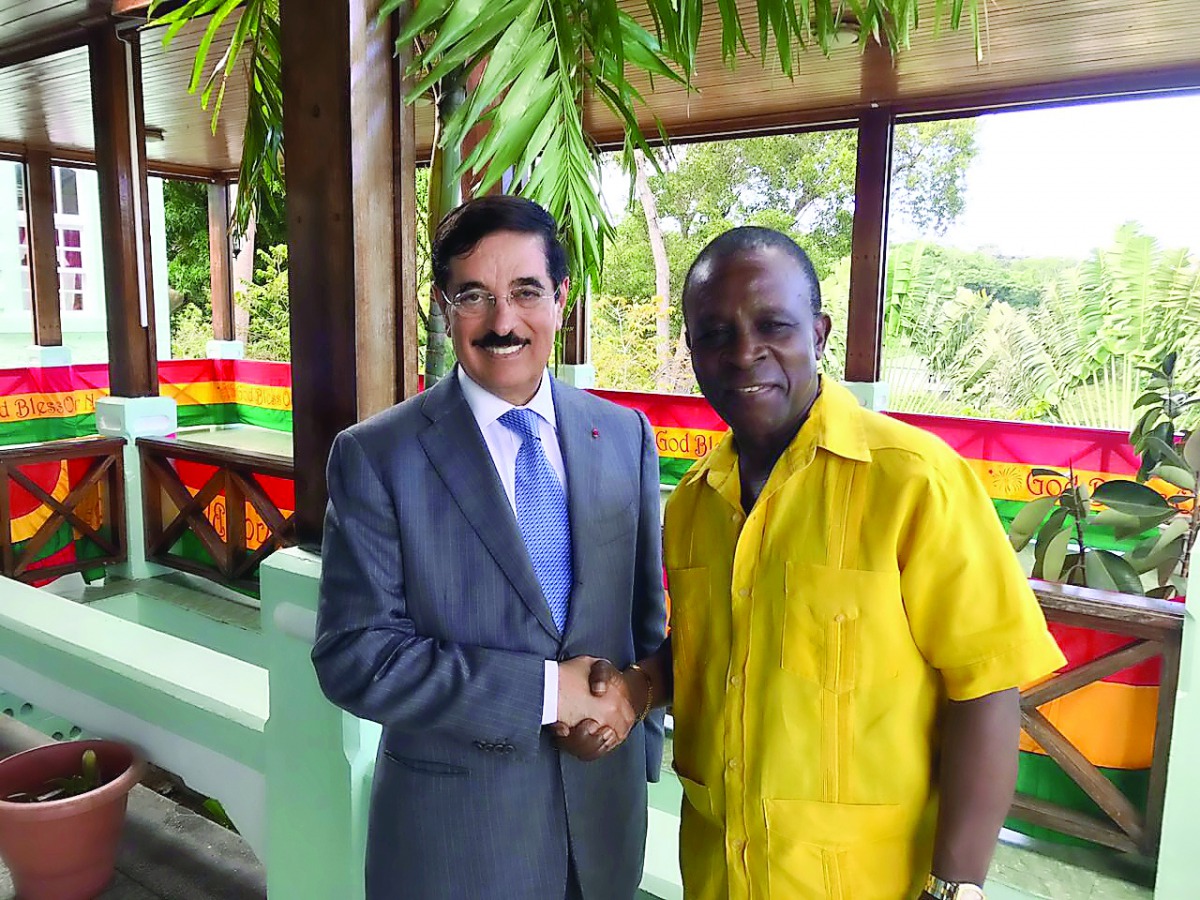 H E Dr Hamad bin Abdulaziz Al Kawari with Grenadian Prime Minister Keith Mitchell.