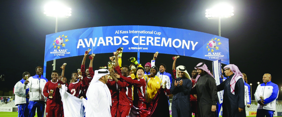 Aspire Football Dreams, winners of the last edition of the Al Kass International Cup, celebrate on the podium at Aspire Zone in this file picture of February 2016.