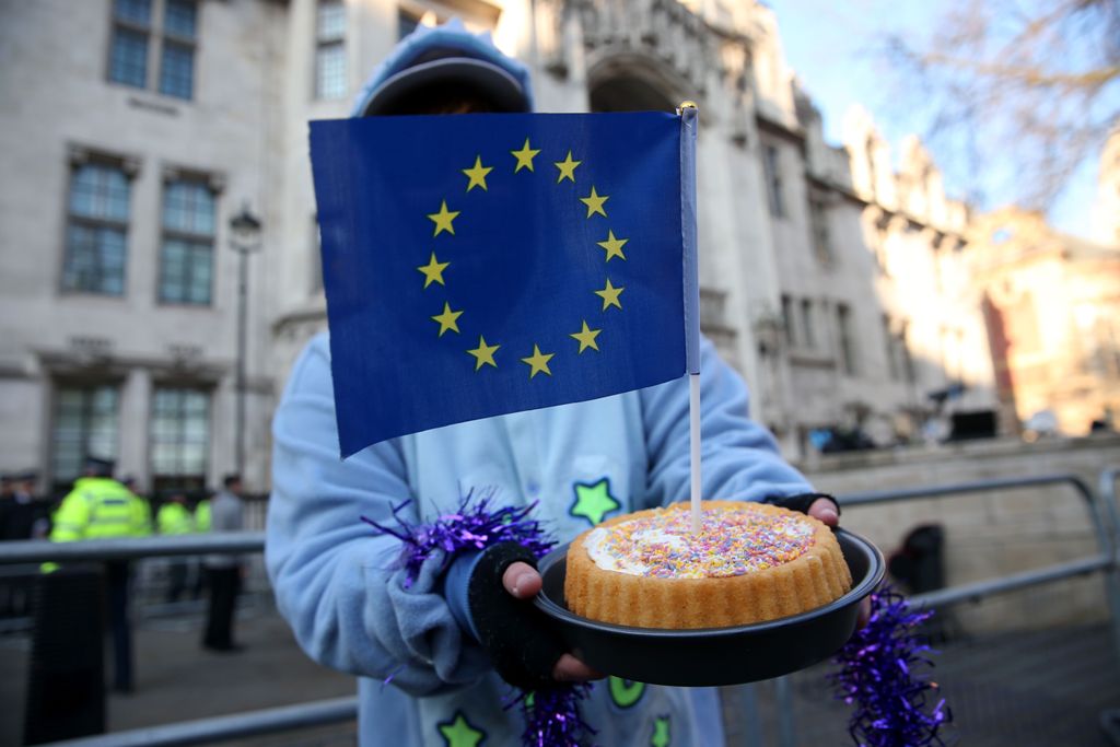 A demonstrator holds a cake with an European Union (EU) flag in it following the judgement in a case to decide whether or not parliamentary approval is needed before the government can begin Brexit negotiations, outside the Supreme Court, opposite the Hou