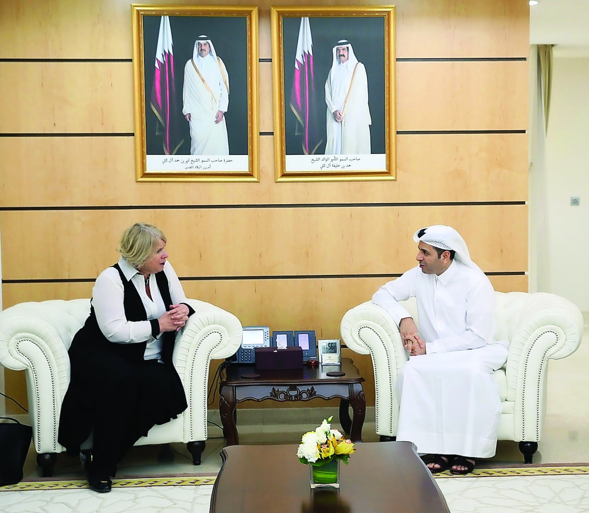Minister of Education and Higher Education H E Dr Mohammed bin Abdul Wahed Al Hammadi with Deb Matthews, Deputy Premier and Minister of Advanced Education and Skills Development in the Canadian province of Ontario, in Doha yesterday.