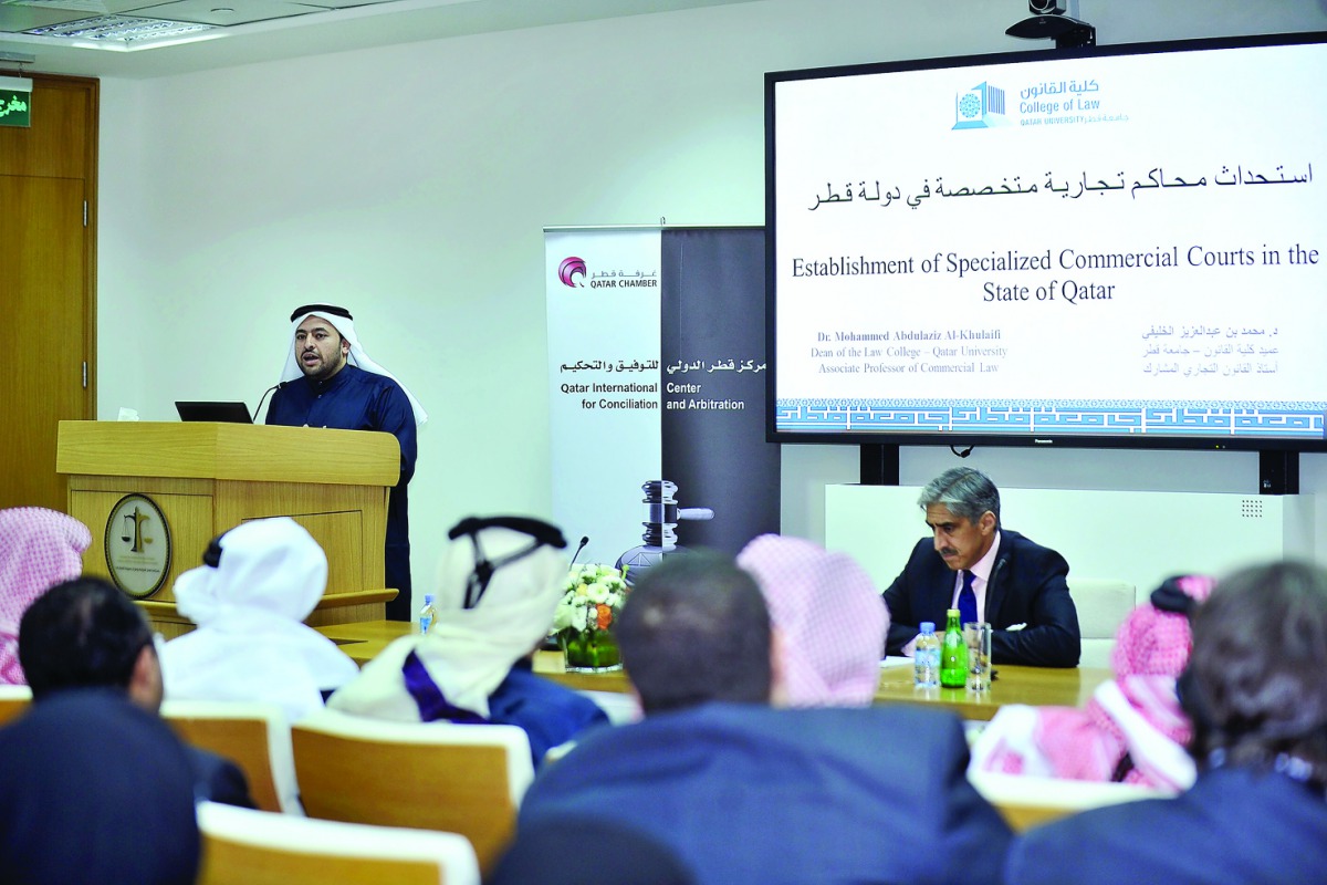 Mohammed Abdul Aziz Al Khulaifi, Dean of Law College at QU and Associated Professor of Commercial Law, addressing the seminar in Doha yesterday. Pic: Baher Amin/ The Peninsula