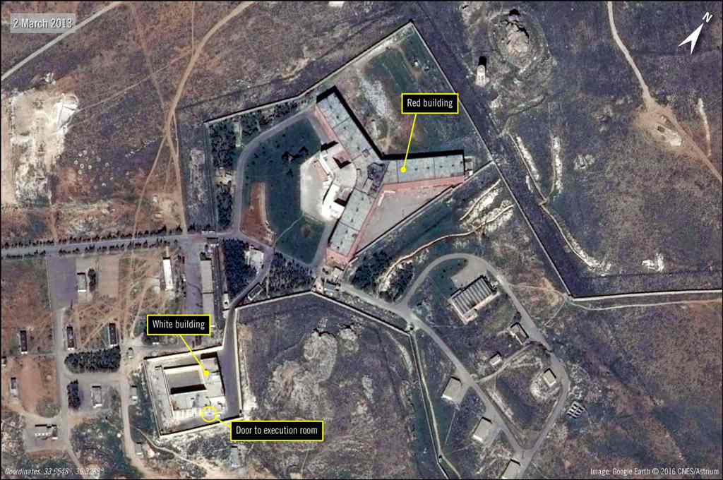 A handout satellite image released on February 7, 2017 by Amnesty International shows the military-run Saydnaya prison, one of Syria's largest detention centres located 30 kilometres (18 miles) north of Damascus. AFP / Amnesty International / Handout