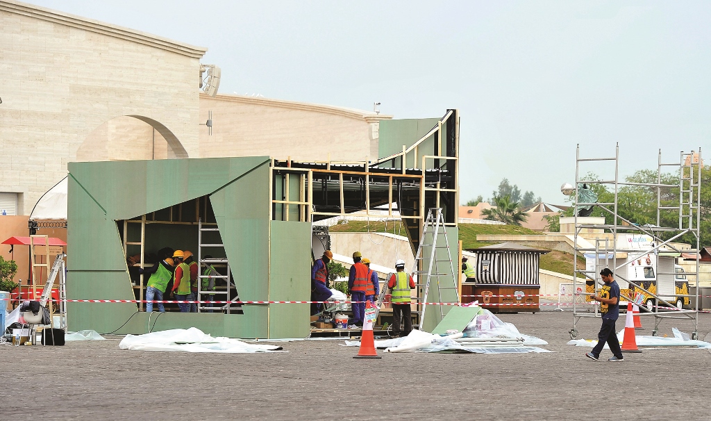 Stalls being set up at Katara Esplanade where 80 different activities have been planned for the National Sport Day. Picture by: Abdul Basit / The Peninsula