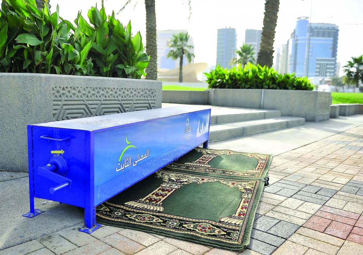 RAF's new prayer mats on the Corniche promenade that can be rolled out to perform prayers.  Pic: Baher Amin/The Peninsula