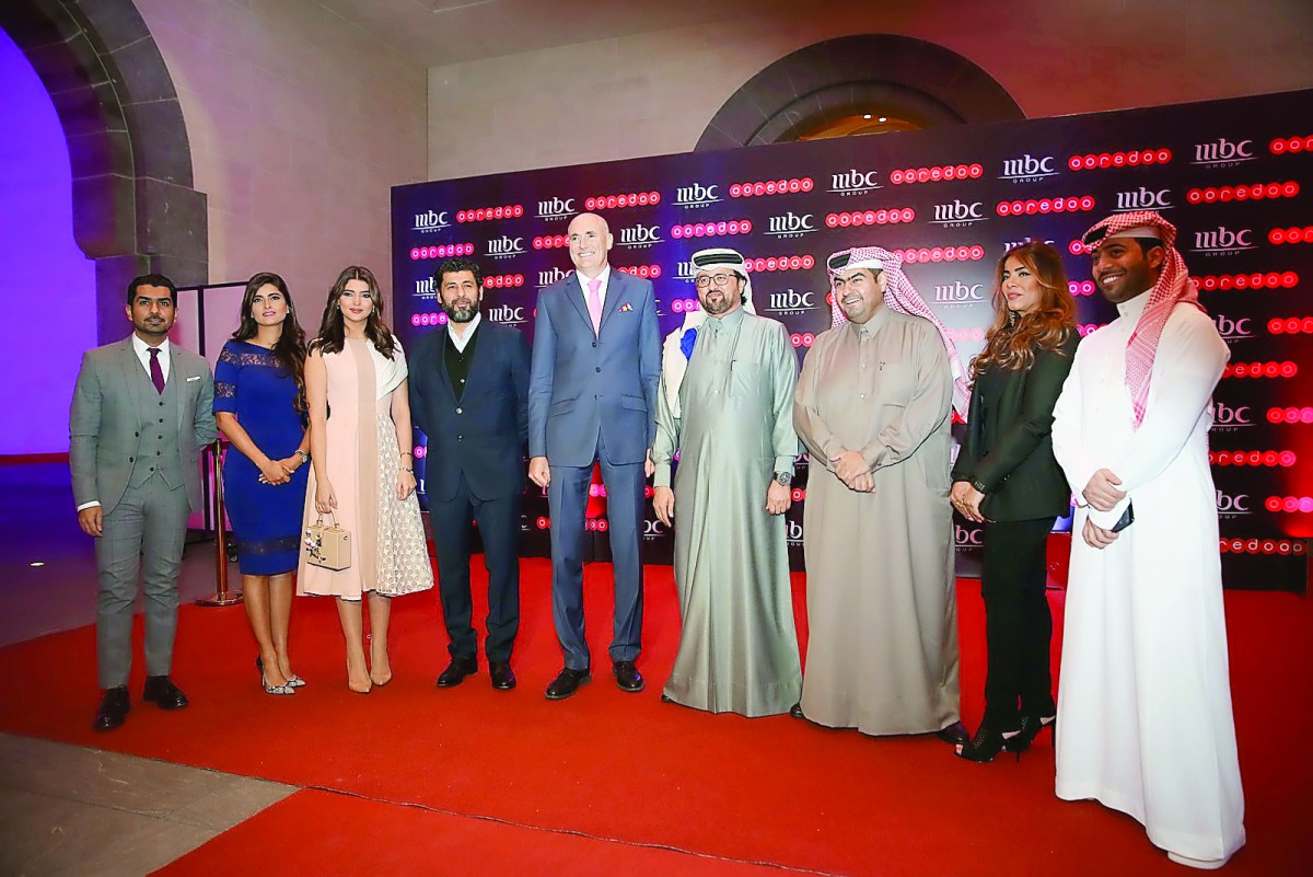 Ooredoo Qatar CEO Waleed Al Sayed, and MBC GROUP ceo Sam Barnett along with celebrities and members of the team at the launch of MBC+ Ooredoo Channel in Doha.