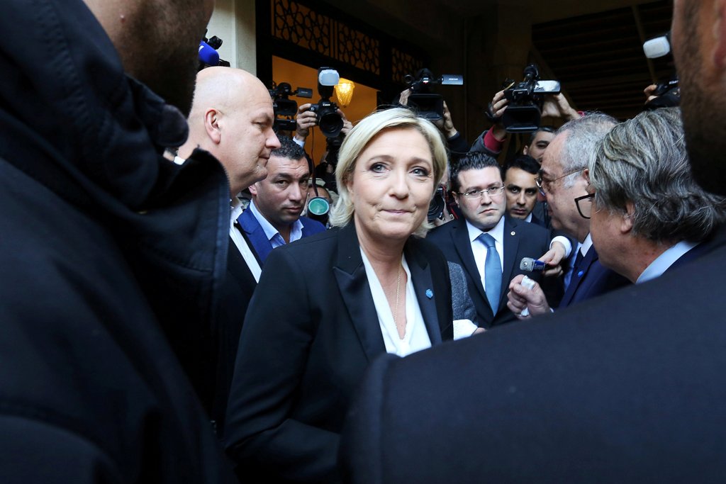 Marine Le Pen, French National Front (FN) political party leader and candidate for French 2017 presidential election, leaves after refusing a headscarf for her meeting Lebanon's Grand Mufti Sheikh Abdul Latif Deryan, in Beirut, Lebanon February 21, 2017. 