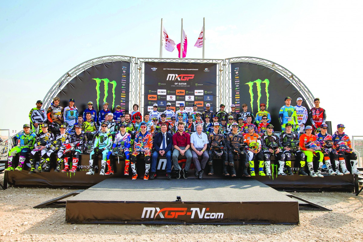 Riders taking part in the opening round of the 2017 MXGP World Championship pose for a group picture at the Losail International Circuit yesterday.