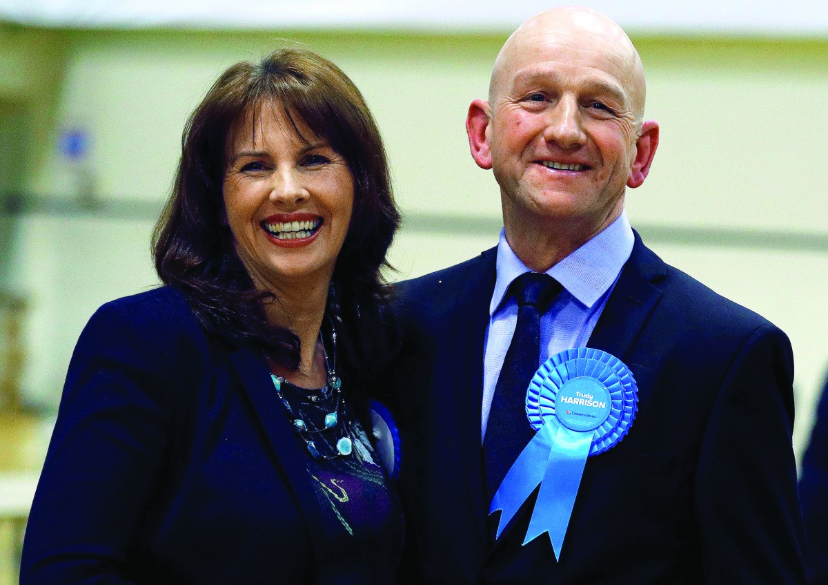 Conservative Party candidate Trudy Harrison stands with her husband Keith after winning the Copeland by-election in Whitehaven, Britain, yesterday.