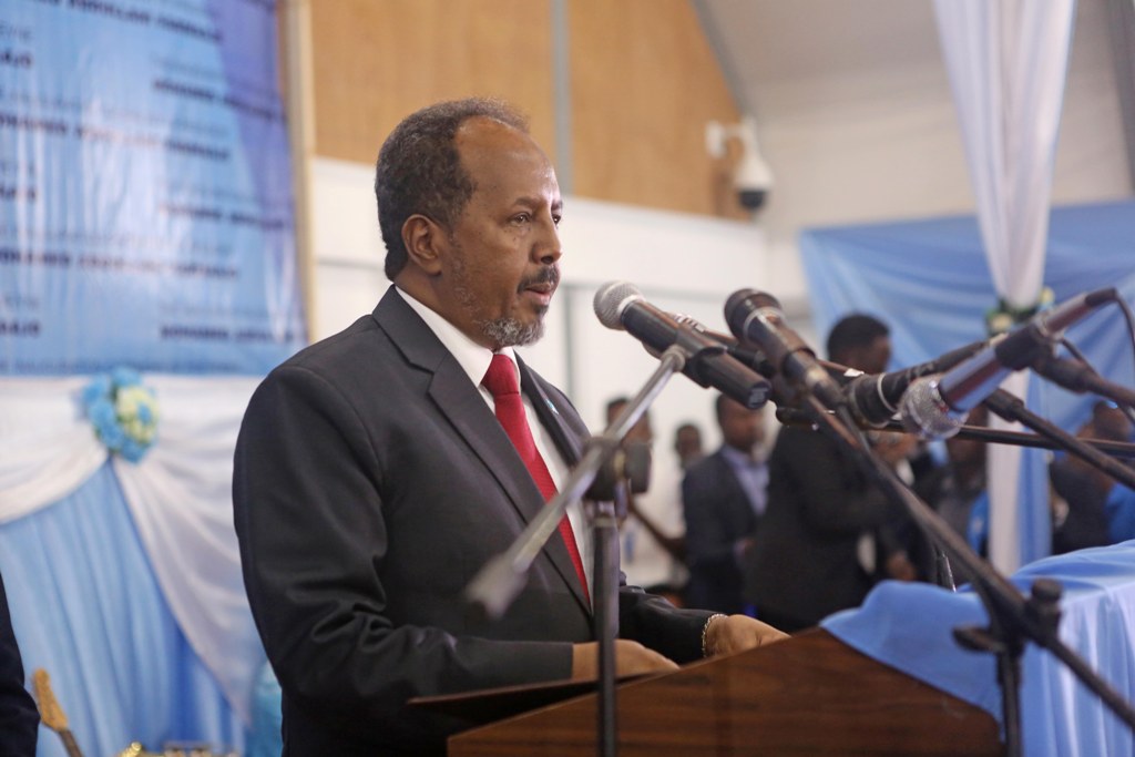 Former President of Somalia Hassan Sheikh Mohamud gives a speech during Somalia's new President Mohamed Abdullahi Mohamed's (not seen) inauguration ceremony in Mogadishu, Somalia on February 22, 2017. Sadak Mohamed - Anadolu Agency 
