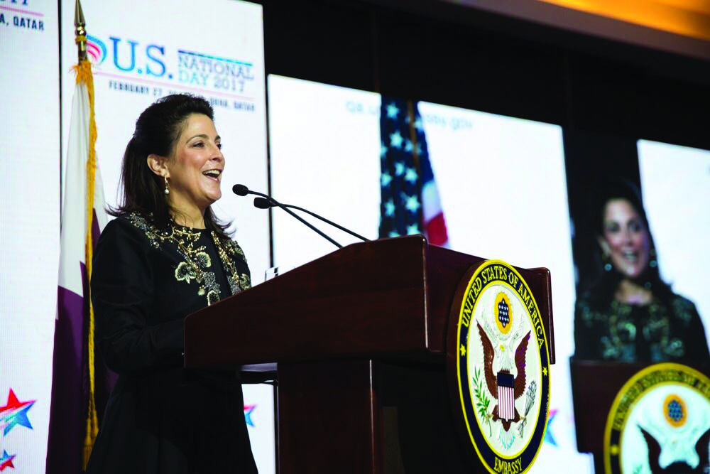 US Ambassador to Qatar Dana Shell Smith speaking at the annual US National Day gala, yesterday.