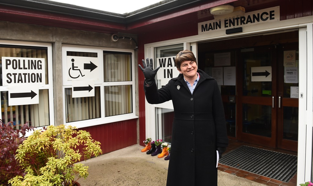 DUP leader Arlene Foster leaves the polling station Brookeborough Primary School after casting her vote in the Northern Ireland Assembly elections on March 2, 2017 in Brookeborough, Northern Ireland. ( Oliver McVeigh - Anadolu Agency )
