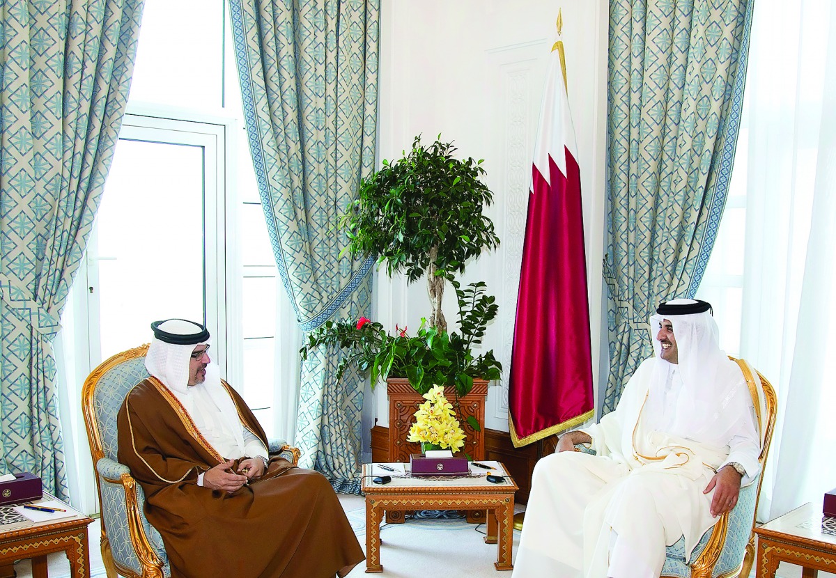 Emir H H Sheikh Tamim bin Hamad Al Thani with the Crown Prince, Deputy Supreme Commander and First Deputy Prime Minister of the Kingdom of Bahrain, Prince Salman bin Hamad Al Khalifa,  at the Emiri Diwan yesterday.