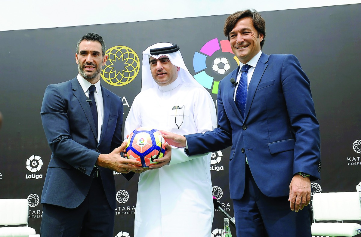 from left: Fernando Sanz, General Director, Middle East and North Africa of LaLiga; Hamad Abdullah Al Mulla, CEO of Katara Hospitality; and Adolfo Bara, GM Marketing and Sales of LaLiga, at the launch of LaLiga Lounge at Sheraton Hotel Park yesterday. Pic