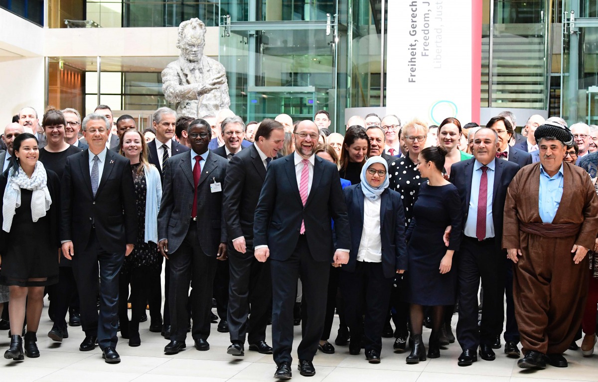 Martin Schulz (C), top candidate of the German Social Democratic Party (SPD) in this year's general elections, Sweden's Prime Minister Stefan Lofven (front row 5L) pose for a group picture with party leaders at the start of a convention of the 