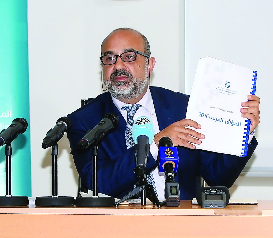 Dr Mohammad Almasri, Executive Director of Arab Center for Research and Policy Studies and Coordinator of Arab Opinion Index, during the press conference at Doha Institute for Graduate Studies, yesterday.  Pic: Ayyoob Abdullah