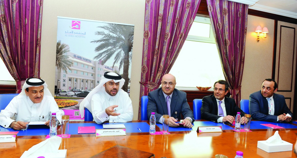 FROM LEFT: Officials of Al Ahli Hospital — Dr Abdul Azim Abdul Wahab Hussain, Chief Medical Staff; Khalid Al Emadi, CEO; Jamal Saleh Hammad, Deputy CEO and Director of Projects; Dr Loui Al Fakhri, Director, Training and Development; and Bilal Zibdeh, Dire