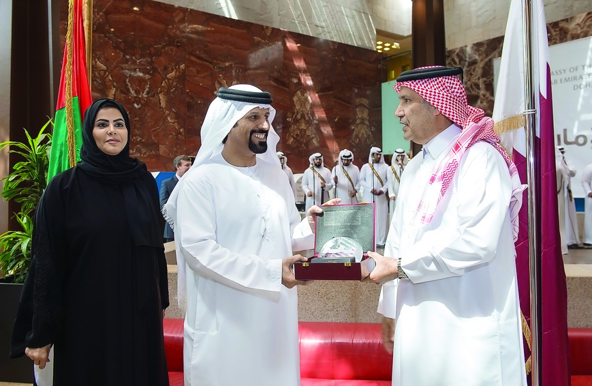 Saleh Mohammed Bin Nasra, UAE’s Ambassador to Qatar receives a memento from Saad al Muhannadi at HBKU, at a programme held to mark Emirati Culture Day.