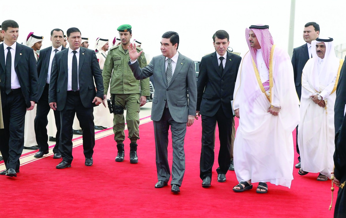 President Gurbanguly Berdimuhamedov of Turkmenistan left Doha yesterday morning after a two-day official visit to Qatar. Turkmenistan's President and his delegation were seen off at Hamad International Airport by Minister of State for Defence Affairs H E 